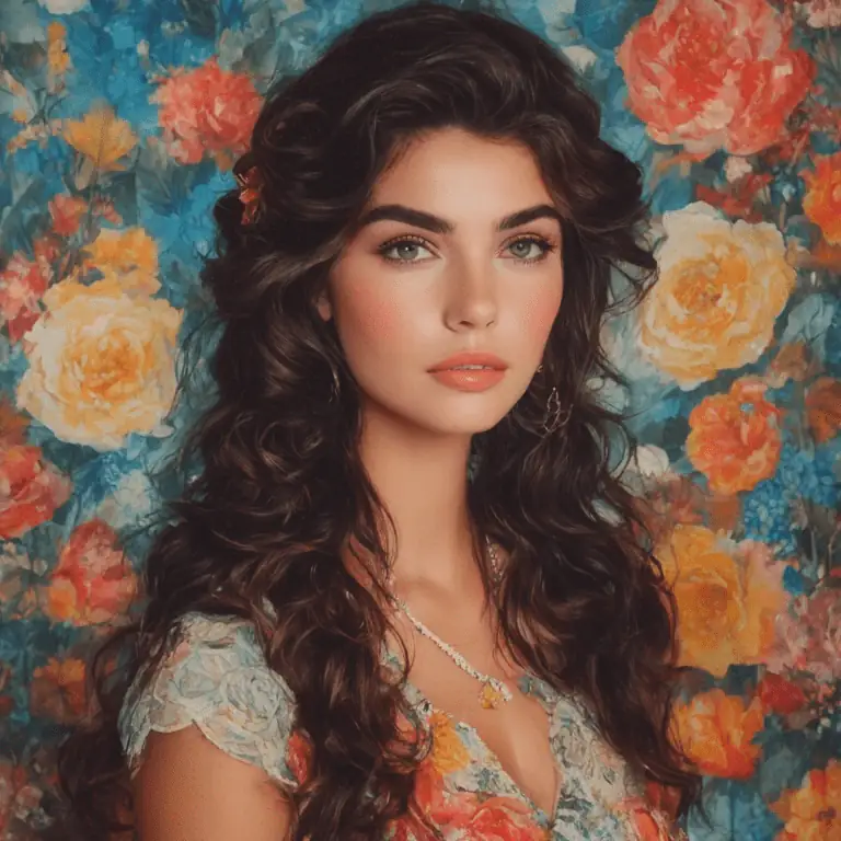Retrato de mulher de cabelos longos diante de um fundo de rosas